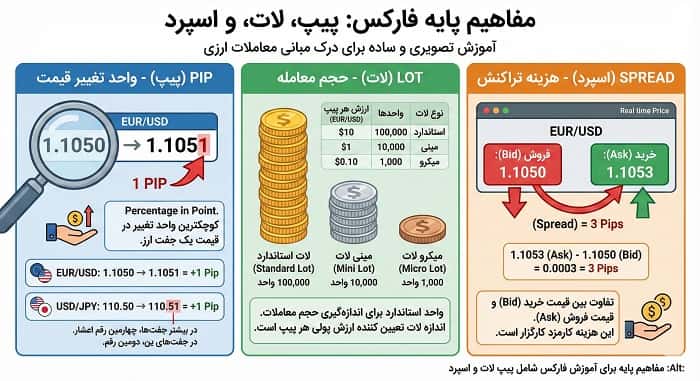 مفاهیم پایه برای آموزش فارکس شامل پیپ لات و اسپرد
