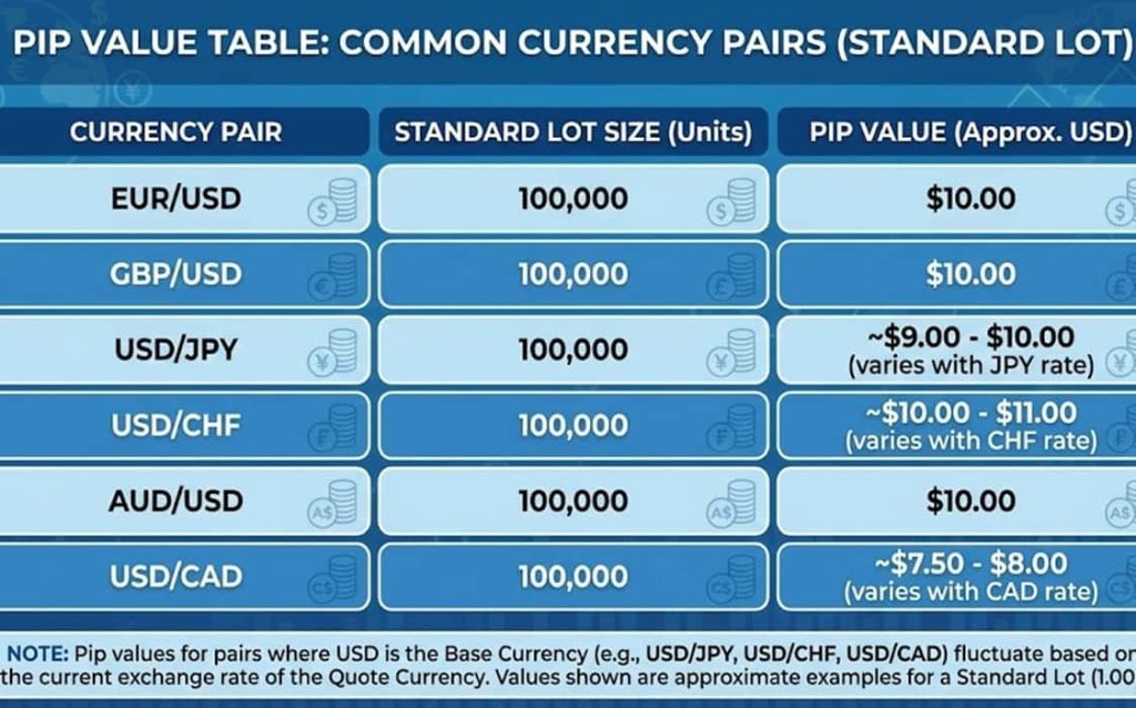 جدول ارزش پیپ و محاسبه pip value در جفت ارزهای مختلف