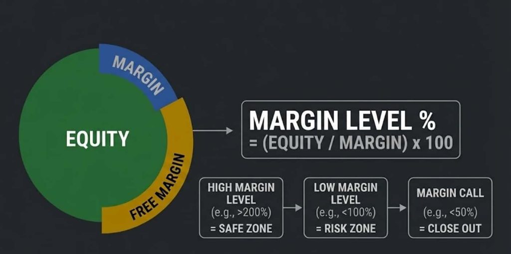 نمودار توضیح رابطه اکوئیتی، مارجین و مارجین لول در حساب فارکس