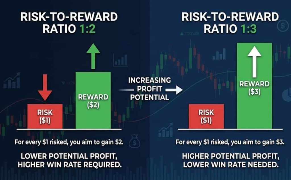 مقایسه تصویری نسبت ریسک به ریوارد ۱ به ۲ و ۱ به ۳ در معاملات فارکس