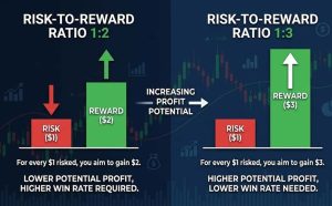 مقایسه تصویری نسبت ریسک به ریوارد ۱ به ۲ و ۱ به ۳ در معاملات فارکس