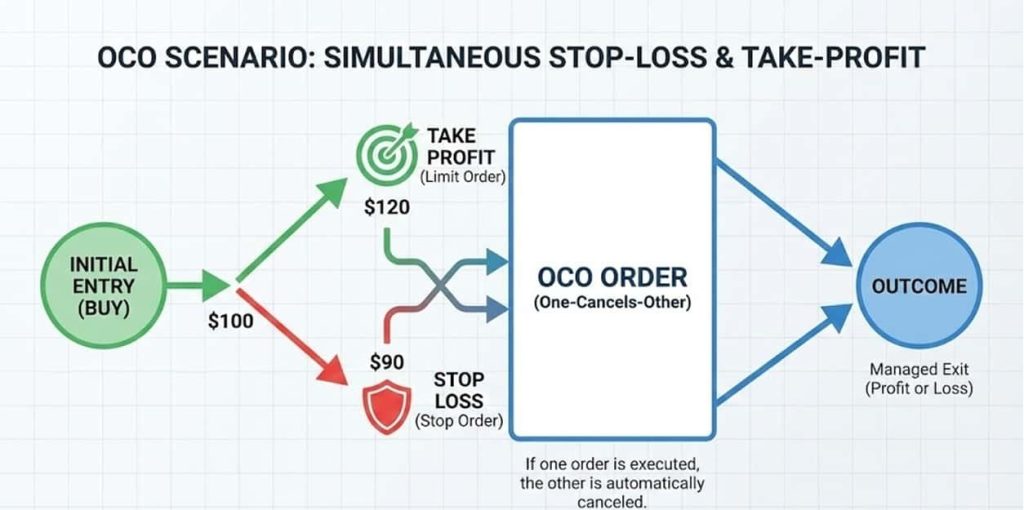 دیاگرام ساده از سناریوی استفاده هم‌زمان از حد ضرر و حد سود با OCO