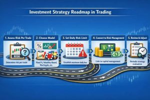 ینفوگرافی «نقشه راه استراتژی‌های مدیریت سرمایه در ترید» که مراحل تعیین ریسک هر معامله، انتخاب مدل (درصد ثابت، مبتنی بر نوسان و…) ، تعیین سقف ریسک روزانه، اتصال به مدیریت‌نقدینگی و بازبینی دوره‌ای را به‌صورت گام‌به‌گام نشان دهد.